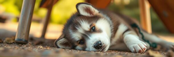 Adorable husky puppy relaxing under a wooden table on a sunny day in the park photo