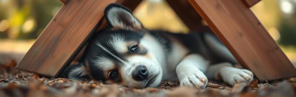 Playful puppy relaxes under wooden table in a sunlit outdoor setting photo