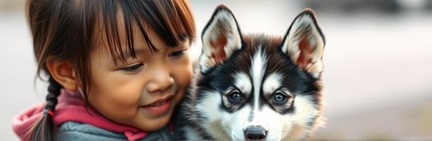 Happy child holding a husky puppy outdoors during golden hour in a serene environment photo