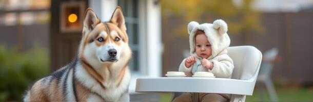 Child seated beside a large dog in a backyard during a sunny afternoon photo