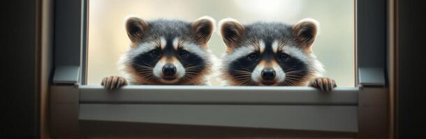 Curious raccoons peek through a window at dusk, highlighting their playful nature and inquisitive behavior photo