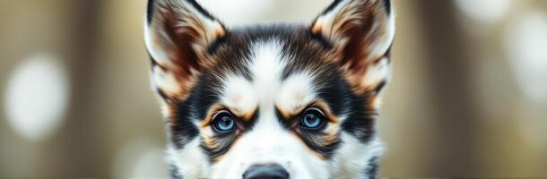Corgi puppy with striking blue eyes gazing curiously in a serene outdoor setting surrounded by soft foliage photo