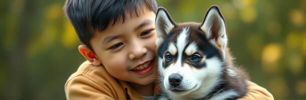 Child enjoys playful moment with a husky puppy in a park during late afternoon photo