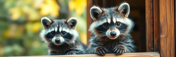 Two playful raccoons peek out from a wooden enclosure in a natural setting during a sunny afternoon photo