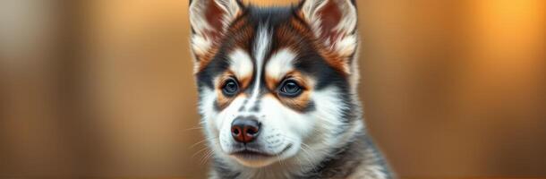 Beautiful husky puppy with striking features posing against a soft blurred background during golden hour photo