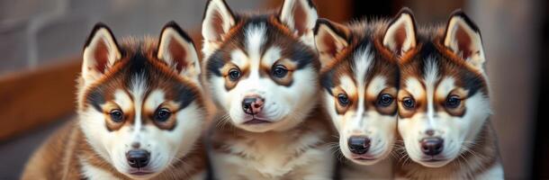 Four adorable husky puppies play together in a cozy indoor setting during the afternoon photo