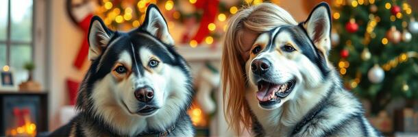Two happy dogs posing with their owner by a beautifully decorated Christmas tree in a cozy indoor setting photo