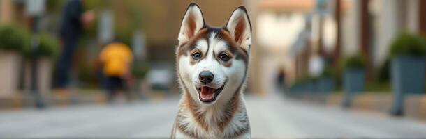 Happy husky sitting on the sidewalk while people walk by in a lively urban setting during daylight hours photo