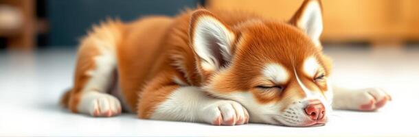Adorable corgi puppy peacefully sleeping on a cozy surface in a warm home environment during the daytime photo