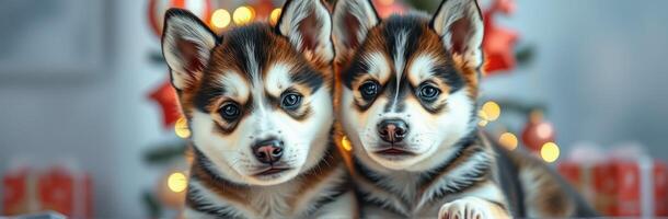 Two adorable puppies sitting together in front of a decorated tree showcasing holiday spirit and charm photo