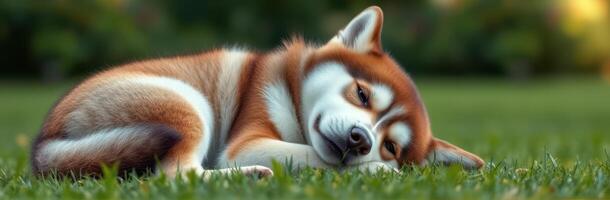Adorable dog relaxing in green grass on a sunny day with a peaceful expression photo