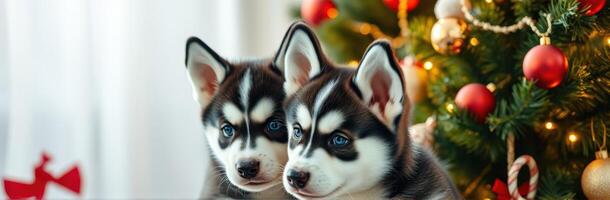 Two adorable husky puppies sitting together by a decorated Christmas tree with bright ornaments and lights photo