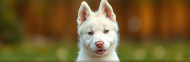 Adorable white husky puppy enjoying a sunny day outdoors with vibrant greenery in the background photo