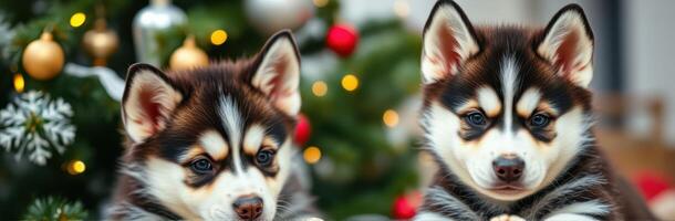 Two adorable husky puppies sit in front of a beautifully decorated Christmas tree with colorful lights and ornaments photo