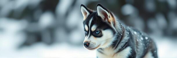 Playful husky puppy exploring a snowy landscape on a winter afternoon photo