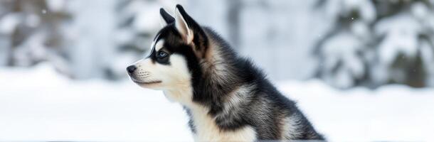 Husky puppy playing in a winter landscape surrounded by snow and trees during a clear day photo