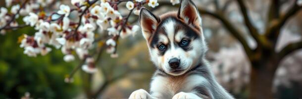 Playful husky puppy poses near blooming cherry blossom tree in springtime park photo