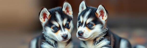 Twin husky puppies playfully interacting indoors in a warm and cozy environment photo