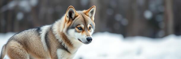Winter setting featuring a wolf-like animal standing in the snow surrounded by a blurred forest background photo