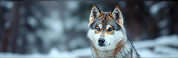 Majestic wolf stands in a snowy forest, showcasing its beauty and strength in a serene winter landscape photo