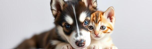 Cute puppy and kitten cuddling together in a cozy indoor setting during daylight photo