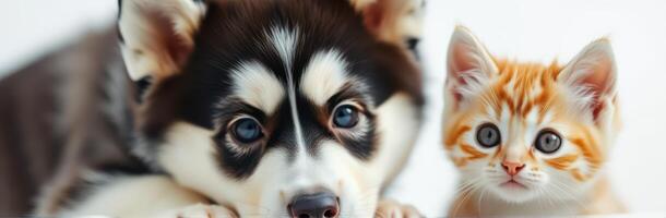 Cute husky puppy and orange tabby kitten sharing a moment of curiosity together indoors photo