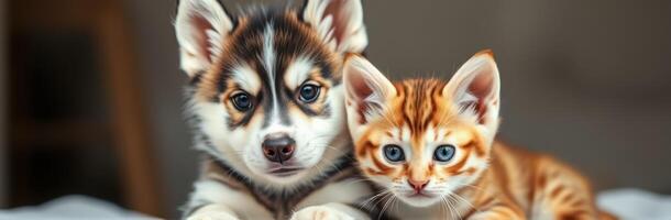 Cute puppy and kitten together on a cozy surface, showcasing their adorable friendship in a warm indoor setting photo