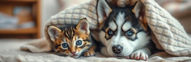 Adorable kitten and husky puppy cuddling under a cozy blanket indoors photo