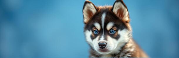 Cute husky puppy with striking blue eyes against a soft blue background in bright lighting photo