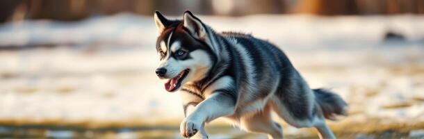 Siberian husky joyfully running across a snowy landscape during the golden hour photo