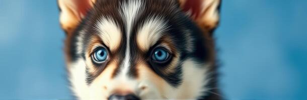 Charming husky puppy with striking blue eyes looking curiously at the camera indoors against a soft background photo