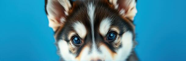 Cute puppy with striking blue eyes against a bright blue background captures attention in playful moment photo