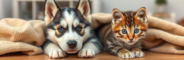 Playful kitten and puppy snuggle together under a soft blanket in a cozy indoor space during daylight hours photo