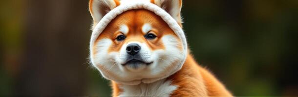 Corgi wearing a cozy hat enjoys a sunny day in the park with a playful expression photo