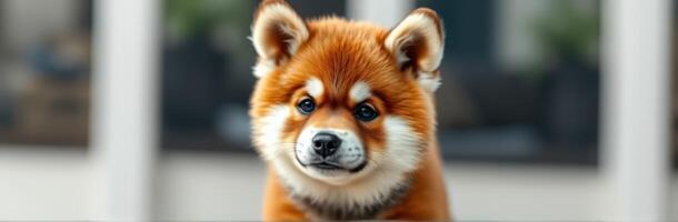 Cute red and white puppy resting indoors with a playful expression and bright eyes photo