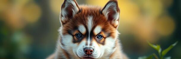 Cute fluffy puppy with striking blue eyes sitting in a serene outdoor setting during golden hour photo