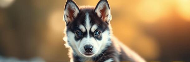 Cute husky puppy exploring outdoors during golden hour in a natural setting with soft sunlight photo