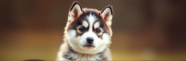 Cute husky puppy sits calmly in a park with a blurred background during golden hour photo