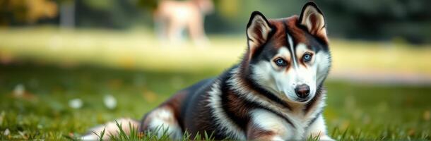 Beautiful husky resting on grass with blurred background in a sunny park during afternoon photo