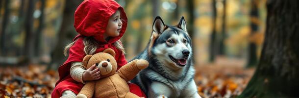 Child in red cloak sits with a husky and a teddy bear among autumn leaves in a forest photo