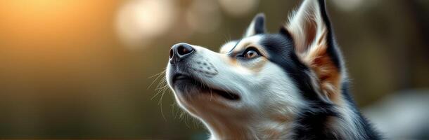 Dog gazing at the sunset in a serene outdoor setting with soft lighting in the background photo