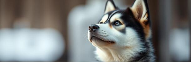 Husky dog gazing curiously at the surroundings in a bright, cozy environment during the day photo