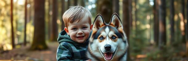 Child smiles while hugging a husky dog in a serene forest setting on a sunny day photo