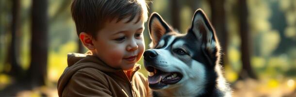 Young child interacts with playful husky in a forest during golden hour, creating a heartwarming bond photo
