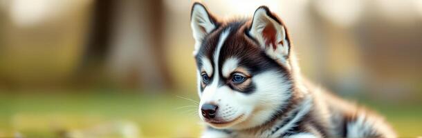 Cute husky puppy playing in a grassy field during the golden hour of late afternoon photo