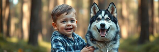 Smiling toddler enjoys the company of a friendly husky in a serene forest setting photo