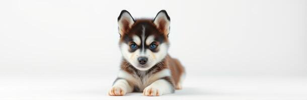 Cute Siberian Husky puppy lounging on a plain background with striking blue eyes photo