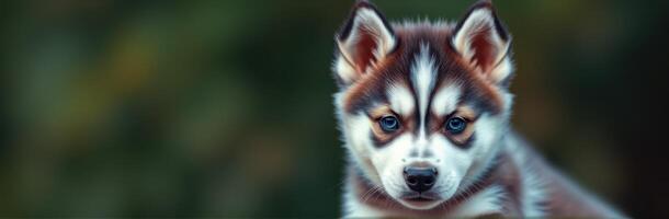 Siberian Husky puppy with striking blue eyes posing outdoors in soft sunlight photo