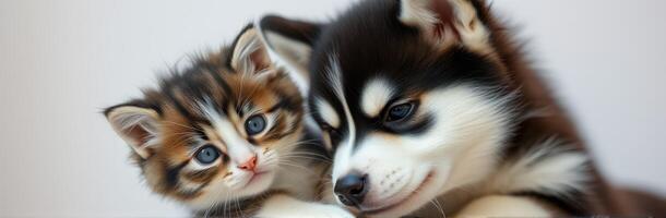 Cute kitten and puppy cuddling together on a soft surface in a cozy indoor setting photo