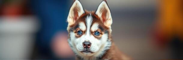 Cute brown and white husky puppy with blue eyes gazing curiously at the camera in an outdoor setting photo